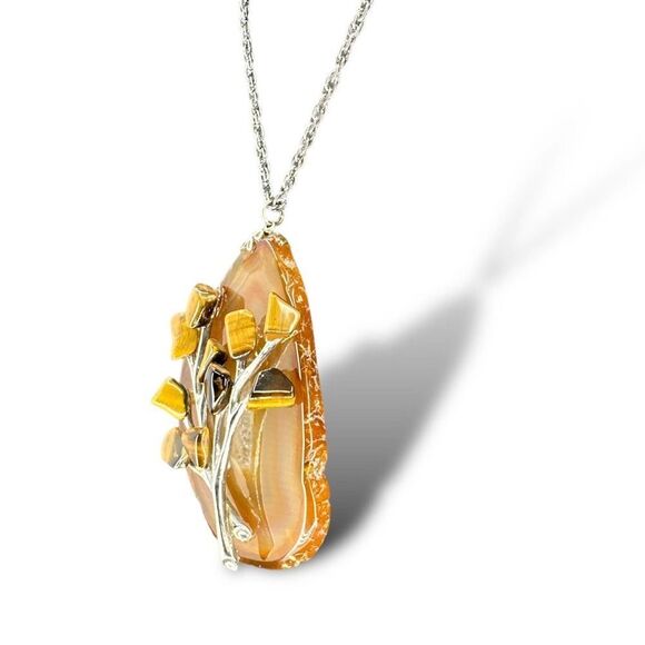 Large Stone Pendant Slice Agate with Flower Tiger’s Eye Silverstone Chain - Picture 2 of 7